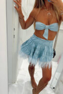 Denim skirt with baby blue feathers