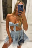 Denim skirt with baby blue feathers